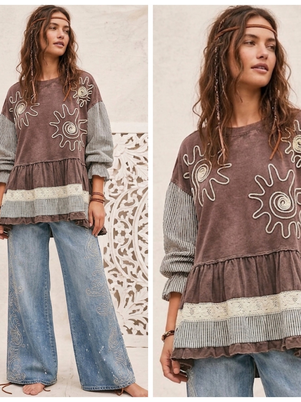 Boho Tiered Sunburst Peasant Vintage Wash Top - Brown